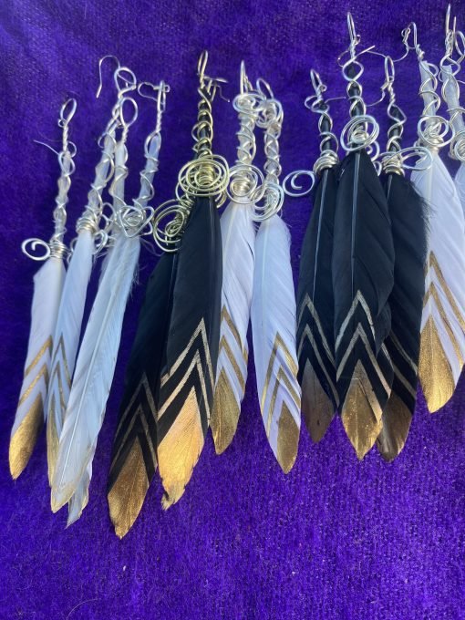 Pair of feathered earrings black and gold